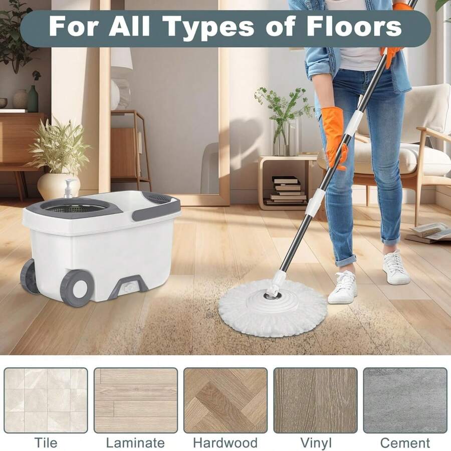 Mop And Bucket With Set,Spin Mop And Bucket System, Mops For Floor Cleaning,Household Supplies Tools With 3 Replacement Refills,61" Extended Handle For Household Hardwood Floor - White - A - Xem 1
