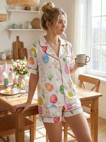 Women's Easter Pajamas 2 Piece Outfits Rabbit Egg Print Button Up Short Sleeve Lapel Tops And Shorts Lounge Wear Set - Color - View 4