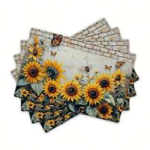 4pcs Retro Sunflower Butterfly Table Mats | Non-Slip, Wipe Clean Dining Table Mat Set For Party, Kitchen Dining Decoration, Linen Material - 12x18inch - View 2