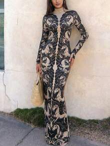 DOUCIU Fashionable Horse Print Long Sleeve Robe High Neck Long Style Women's Top Side Split Casual Street - Khaki - View 5