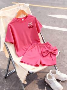 This Casual Set Features A Unique Cherry Letter Graphic Design, Including A Purple Round Neck T-Shirt And A Purple Wide-Leg Pants. - Hot Pink - View 3