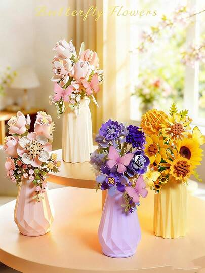 MOC Botanicals Collection Building Blocks Set Toy, Sunflowers/Roses/Violets/Carnations, Blocks Flower Bouquet For Adults,With Vase,Artificial Flower For Home Decor DIY Craft Kits - Gift For Birthdays/Christmas/Halloween/Valentine's Day/Mother's Day
