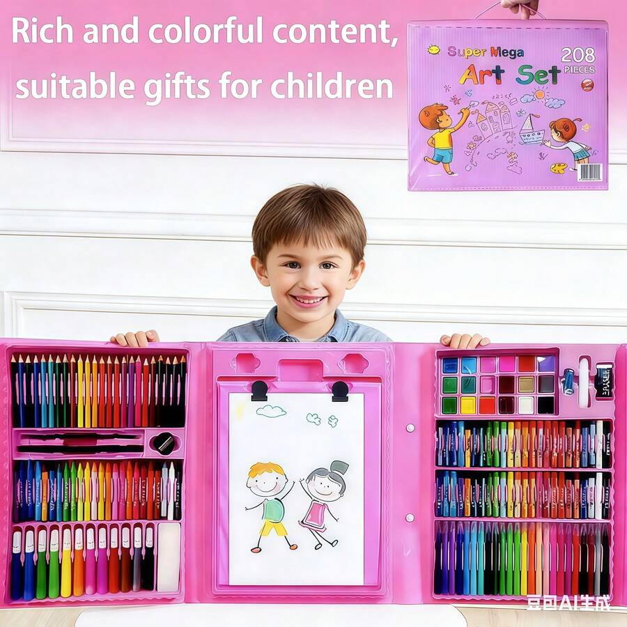 208pcs Art Supplies Set With Colored Pencils, Paint Brushes, Crayons, Markers, Acrylic Paint Markers, Acrylic Paint Set, Sketch Book & Drawing Pad For Kids - Hồng - Xem 1