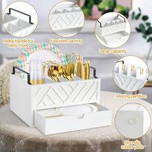 Paper Plate Dispenser With Drawer, Paper Plate Holder For Kitchen Counter, Wood Rustic Silverware Utensil Caddy, Cutlery Flatware Organizer For Cup Spoon Fork Plates Napkins, White Kitchen Accessories - 白色 - 查看 8
