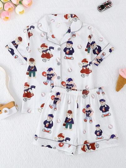 2件套女童休闲卡通熊条纹印花Polo领短袖开衫短裤睡衣套装，阻燃，四季皆宜