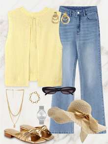 Spring And Summer New Round Neck Solid Color Simple Back Neck Bow Tie Tie Knitted Yellow Tops For Women With Wide Backless Design Sweater Vest - Yellow - View 5