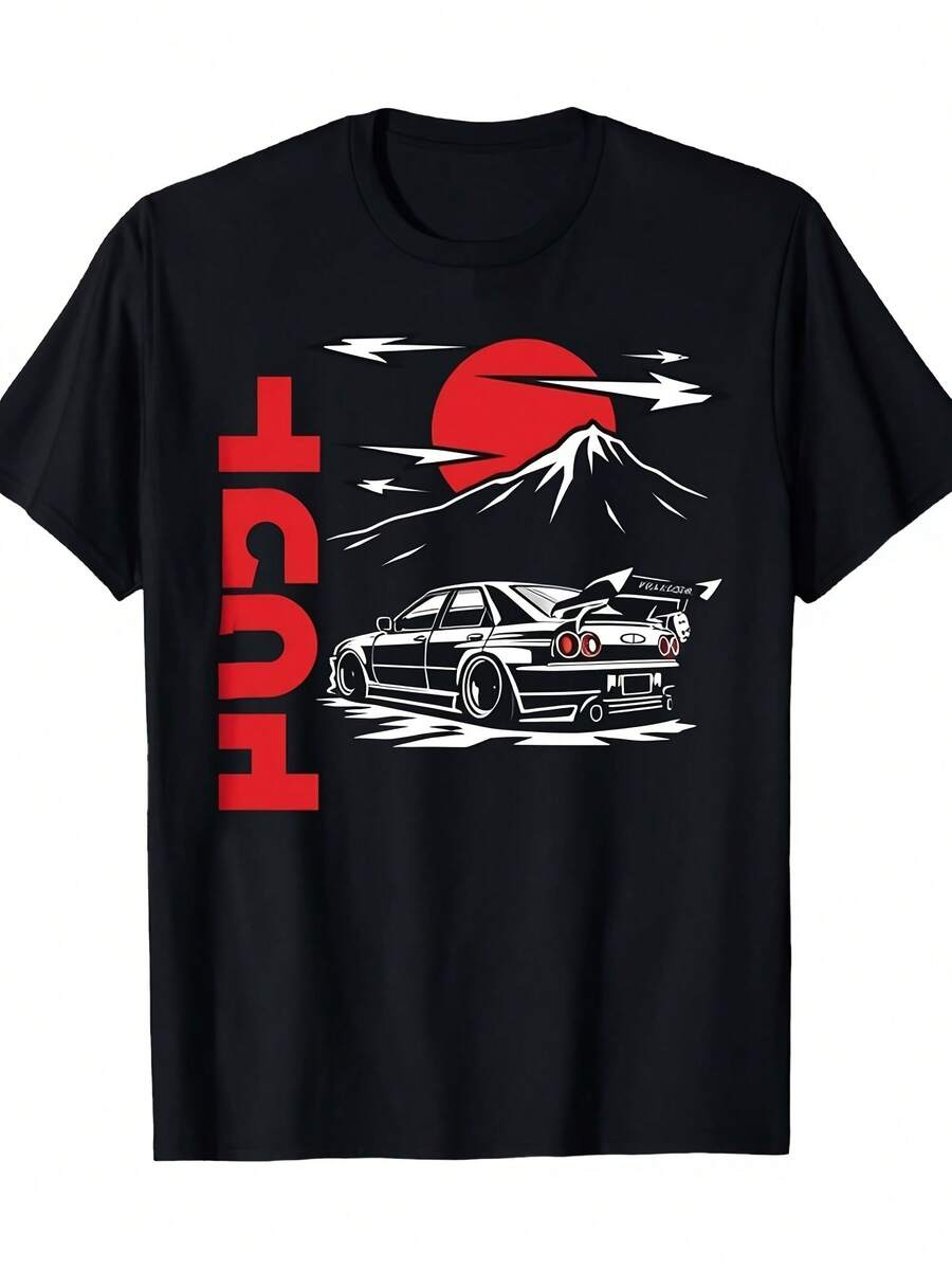 JDM Style Japanese Mount And Car Sunset Scene T-ShirtBlackMount Red Sun, Stanced Car, Lightning Women's Clothing - 款式11 - 查看 1