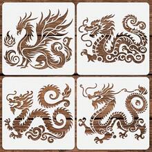 4pcs Mythical Beast Painting Templates - Dragon Shaped Reusable Plastic Painting Stencils (7.87*7.87 Inches), Exclusive Design! Professional Painting Template Set To Inspire Your Artistic Creativity! - 4 Mythical Beast Drawing Templates - View 1