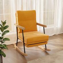 Mecedora con reposapiés, patas de madera Hevea, tela afelpada, respaldo alto, incluye cojín, capacidad de peso hasta 150 kg, para dormitorio, salón, color amarillo - Amarillo - Ver 9