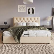 Hydraulic Double Bed Measuring 160x200 Cm. Adjustable Headboard With Metal Frame, With Storage, Mattress Included. - Beige - View 4