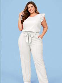 Elegant Plus Size Social Set In Dune Crepe, Casual Style With Drawstring Pockets, For Office Or Home. - White - View 6
