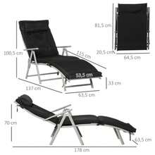 Folding Beach Lounger, 7 Adjustable Positions, Weather-Resistant, With Cushion, Textileline, Polyester, Metal, 137 X 63.5 X 100.5 Cm, Black - Black - View 3