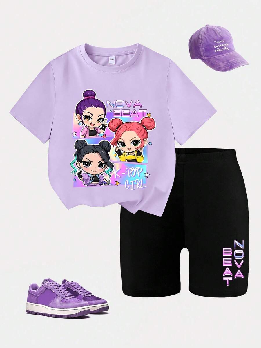 Girls Cartoon Cute 3 Girls Pattern Round Neck Short Sleeve T-Shirt + Colorful Letter Print Leggings Shorts 2pcs Set, Spring/Summer New - Multicolor - View 1