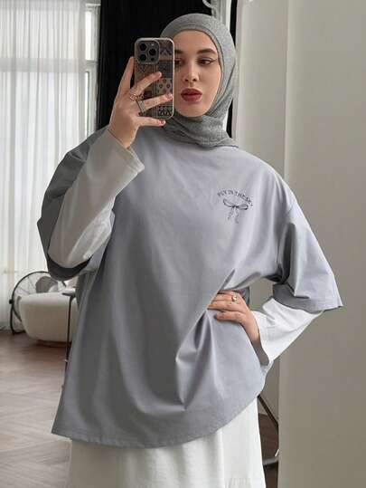 DAZY Women's Summer Letter Bow Print Loose Fit Casual T-Shirt With Round Neck And Drop Shoulder Sleeves Cute Tops Oversized T-Shirt,Graphic Tees