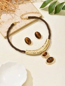 2pcs Elegant Vintage Tiger Eye Stone Textured Necklace & Earrings Jewelry Set For Women, Party, Celebration, Holiday Gift - Set - View 3