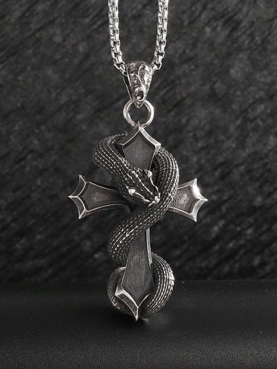 1PC New Retro Cross Zodiac Snake Pendant Necklace, Suitable For Men And Women Punk Hip-Hop New Year Jewelry Gifts - Fashion - View 1
