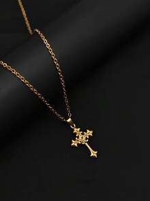 1pc 18K Gold Plated Vintage French Elegant Gold Stainless Steel Cross Floral Pendant Necklace - Adjustable Side Chain, Luxury Minimalist Design, Suitable For Daily Wear And Gift, Cross Necklace - Yellow Gold - View 3