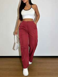 酒红色多口袋纽扣休闲Y2K风格优雅可爱轻便工装裤，适合返校、毕业典礼、俱乐部、生日派对、万圣节、感恩节、音乐会、健身房、海滩、办公室、日常穿着、户外、运动、机场、街头、教师节、春季、夏季、秋季、冬季等场合。 - 酒紅色 - 查看 9