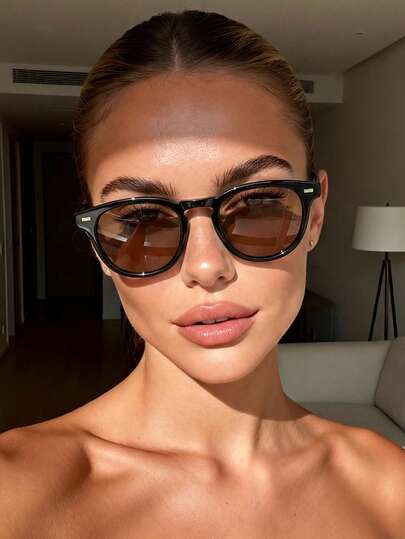 1 Pair Brown Round Fashionable Glasses For Women And Men, Suitable For Photography, Driving, Summer Beach, Outdoor Activities, Travel