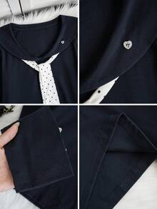 Women's Casual Turndown Collar Contrast Polka Dot Tie Front Long Sleeve Blouse, Spring/Summer - Navy Blue - View 8