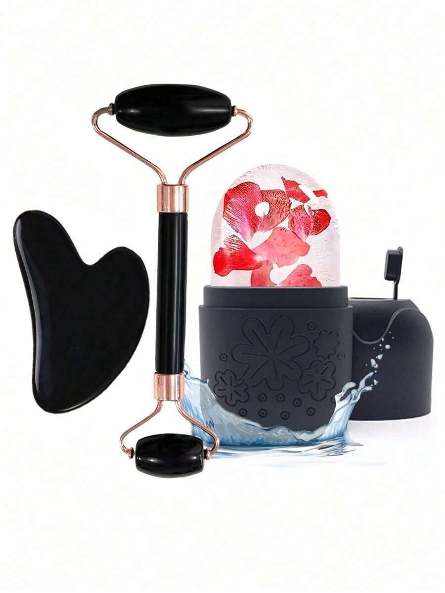 3pcs Ice Massage Roller Set - Facial Cooling Massage Roller Kit, Facial Massage Tool, Silicone Ice Massage Roller, Rose Quartz Roller Massager With Gua Sha Board, For Relieving Facial And Eye Puffiness, Face Massager, Contour Shaping, Skin Care And Glow, Suitable For Eyes, Neck And Face, Ice Massage Roller Mold Cube - Skincare Tools. Summer Ice Massage Products, Office Supplies, Study Supplies, Travel Essentials. - 白色 - 查看 1