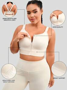 1pc Women Plus Size Front Zip Sports Bra, Lift And Support, Casual Wear Camisole Summer - Apricot - View 5