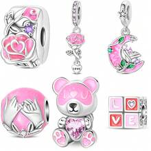 1颗镀银情人节粉色玫瑰夜光珠子首饰，适用于3毫米原创手链项链DIY吊坠制作，女士日常礼物，生日派对节日赠品 - 粉色 - 查看 1