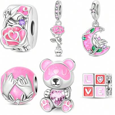 1 Silver Plated Valentine's Day Pink Rose Glow-In-The-Dark Bead Jewelry For Original 3mm Bracelet Necklace DIY Pendant Making Ladies Daily Gift Birthday Party Holiday Giveaway