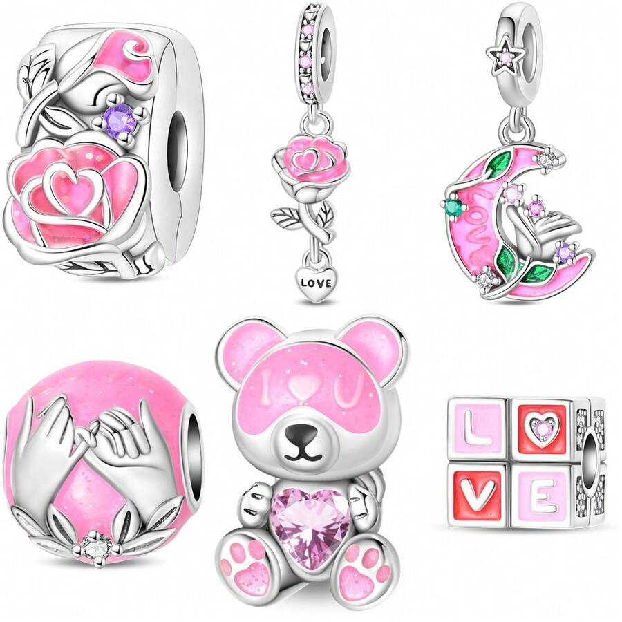 1颗镀银情人节粉色玫瑰夜光珠子首饰，适用于3毫米原创手链项链DIY吊坠制作，女士日常礼物，生日派对节日赠品 - 粉色 - 查看 1