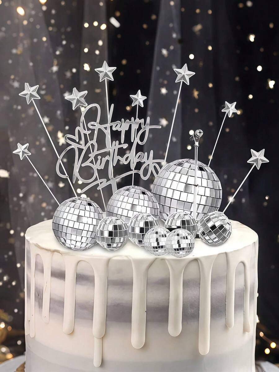 Silver Disco Ball Cake Topper, Birthday Cake Decorations Set, Reflective Mirror Ball Cake Decor, Shiny Silver Mini Disco Ball Decorations, 70s Retro Cake Decor, Suitable For 70s 80s Disco Theme Party Decorations, Birthday, Holiday Party Decorations - Multicolor - View 1
