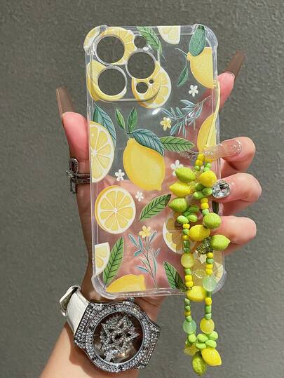 Funda de teléfono con estampado de limón de cobertura completa, 1 pieza, con colgante de limón de verano, compatible con iPhone 17, 17 Air, 17 Pro, 17 Pro Max, 11, 12, 13, 14, 15, 16 Pro Max, XR, X/XS, 7, 8 Plus, ofrece protección integral. Un regalo de cumpleaños ideal para padres y amigos. Incluye llavero y cordón.