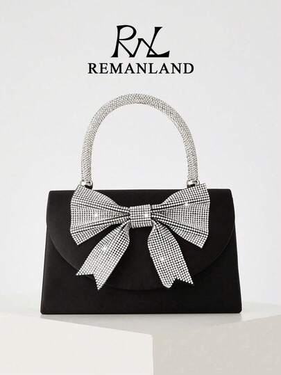 REMANLAND Luxurious Sparkling Black Clutch With Oversized Rhinestone Bow And Crystal-Embellished Handle, Perfect For Evening Dinners, Glamorous Parties And Romantic Dates. It Is The Best Gift For Women