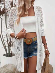 女士休闲度假长款镂空开襟长袖罩衫 - 白色 - 查看 4