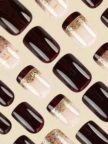 Press On Nails Short Nail, Removable Nail Art With Floral & Striped Patterns, Elegant & Fashion Fairy Nails, Nails Press On, & New Year Nails, Holiday, Party And Fall & Winter Daily Nail Supplies, Decoration, Holiday, Party - Cà phê nâu - Xem 5