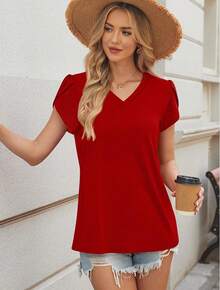Womens Tops Dressy Casual Petal Sleeve Summer Spring Short Sleeve V Neck Shirts Work Business Vacation Clothes 2026 - Đỏ - Xem 4
