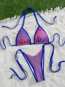 New Women's Swimwear Two-Piece Bikini Set, Solid Color Sexy Knotted Tie Back Beach Vacation Swimwear Summer - Blue - View 5