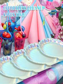 10 piezas Platos de papel con diseño de concha de sirena, platos de papel desechables de tema de sirena holográfica y colorida, de 7 pulgadas/9 pulgadas para fiesta de sirena, fiesta de cumpleaños, baby shower, boda y talla grande - Multicolor - Ver 4