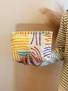 Portable Colorful Striped Cosmetic Bag/Organizer Makeup Bag Toiletry Bag Skincare Bag Wash Bag Toiletry Travel Bag Vacation Essentials For Women Travel Bags For Women Large Capacity Bag - Apricot - View 5