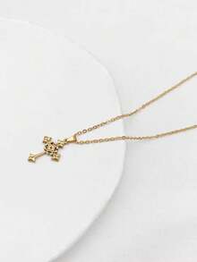 1pc 18K Gold Plated Vintage French Elegant Gold Stainless Steel Cross Floral Pendant Necklace - Adjustable Side Chain, Luxury Minimalist Design, Suitable For Daily Wear And Gift, Cross Necklace - Yellow Gold - View 4