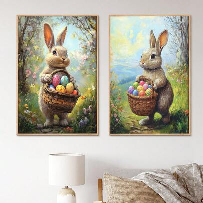 1pc, Canvas Wall Art, Framed Wall Decor, Easter Bunny Design, Spring Kids' Room Decor, Easter Wall Art, Easter Bunny Painting, Easter Egg Basket Pattern, Children's Room Decor, Rustic Farmhouse Wall Art, Kids' Room Wall Decor