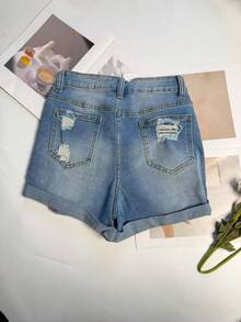 Women's Straight Leg Denim Shorts Medium Stretch Mini Length Raw Hem Distressed Casual Style With Button Closure - Blue - View 6