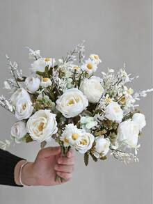 1/3/60支 32厘米 人造丝玫瑰、雏菊、菊花白色花束，餐桌、婚礼、派对、家居装饰摆件 - 白色 - 查看 6