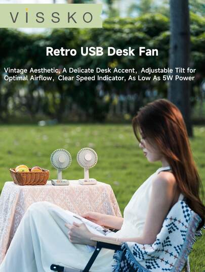 ViSSKO 5-Speed Retro Desk Fan | Unique Natural Wind Mode Simulates Outdoor Feeling, Adjustable Tilt Angle, Quiet Operation 0.2-0.9A, A Silent & Cooling Companion For Study Room & Office