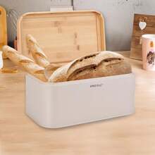 Chlebak, , z bambusową pokrywą Wymiary 30 * 20 * 14 cm – idealny na chleb, bułki czy bagietki Korpus z metalowego malowanego proszkowo – ochronne i naruszone Pokrywa z szerokiego zakresu bambusa – ekzna i estetyczna Gładkie, higieniczne wewnętrzne – do zatwierdzonego uchwytu, który uruchamia system mikro-otworów wentylacyjnych – przerywa pleśnieniu piecezywa - Beżowy - Zobacz 7