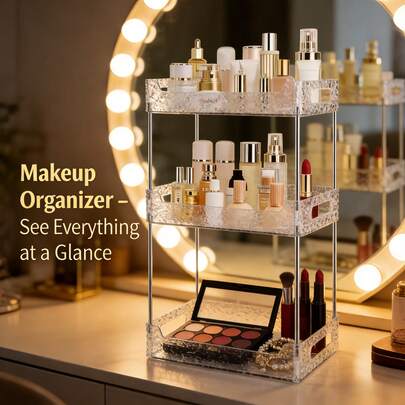 رف تخزين مستحضرات التجميل - طبقتين/3 طبقات - صندوق تخزين على سطح الحمام - رف تخزين على السطح ، رف مستحضرات التجميل والعناية بالبشرة ، صندوق تخزين مستحضرات التجميل ، صينية عطور ، رف توابل المطبخ - بولي إيثيلين تيريفثالات