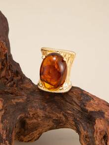 1枚复古几何椭圆形树脂宝石装饰戒指，夸张时尚独特金色金属戒指，女士迷人饰品 - 單一戒指 - 查看 11