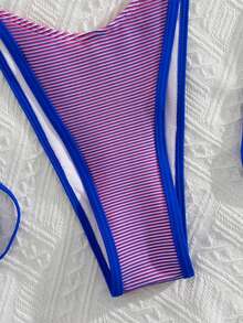 New Women's Swimwear Two-Piece Bikini Set, Solid Color Sexy Knotted Tie Back Beach Vacation Swimwear Summer - Blue - View 7