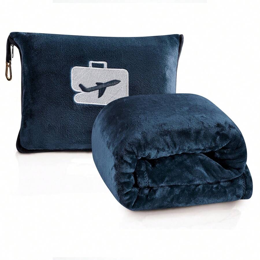 Comfort Fly 2-In-1 Travel Blanket & Pillow – Ultra Soft Micro Plush Airplane Blanket With Built-In Carry Case (40" X 70") – Lightweight, Compact & Machine Washable Travel Essential - 海軍 - 查看 1