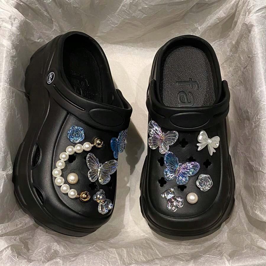 Women's Summer New EVA Hollow Slip-On Sandals, Thick Sole Elevated, Versatile For Indoor, Outdoor, Commute, Beach, Casual Wear - Black - View 1