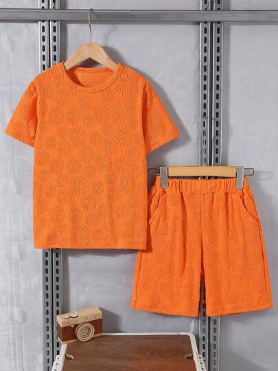 2pcs Boys Floral T-Shirt & Shorts Set, Round Neck Short Sleeve Jacquard Knit T-Shirt With Pockets Shorts, Casual Wear For 8-12 Years Old